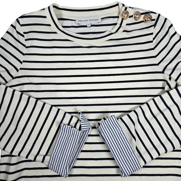 English Factory Tops - English Factory Breton Striped Long Sleeve Top with Gold Buttons Cream Navy S